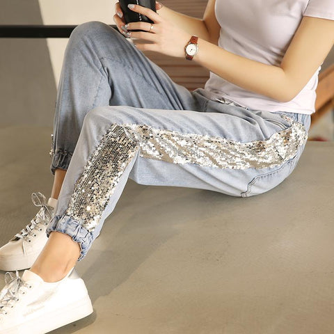 Stretch side Sequins slim fashion pants jeans CODE: READY775